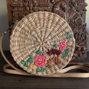 Kayu Wicker Straw Embroidered Floral Round Handbag